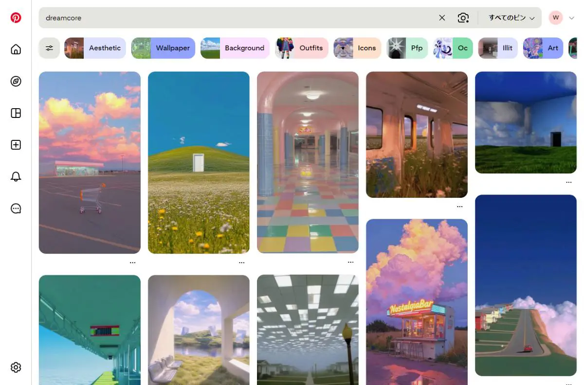 PinterestでのDreamcoreデザイン検索結果のスクリーンショット