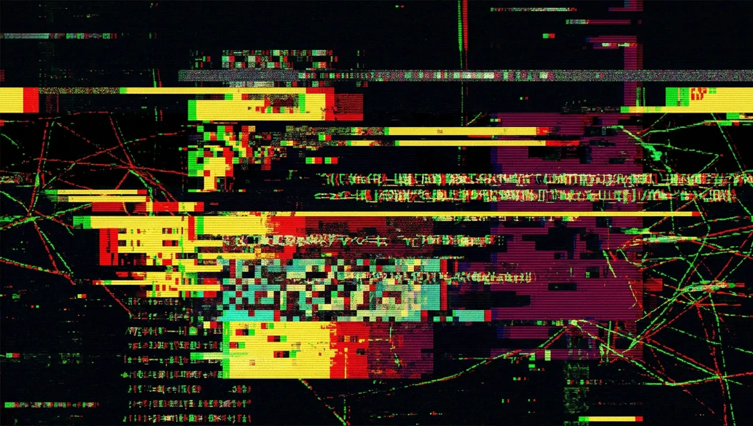 グリッチアートの特徴を表すRGB色収差と水平ノイズが走るデジタルグラフィック
