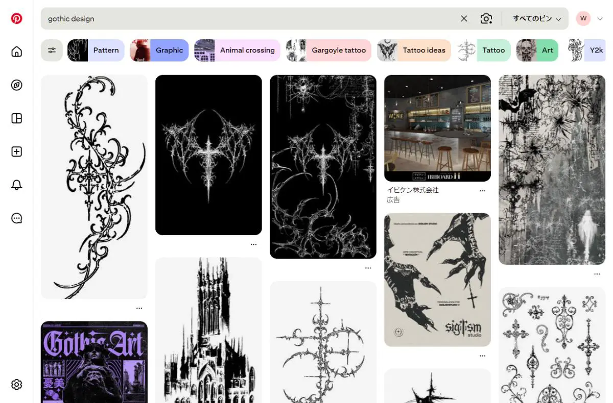 PinterestでのGothic designデザイン検索結果のスクリーンショット