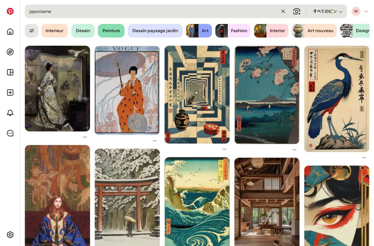 PinterestでのJaponismeデザイン検索結果のスクリーンショット