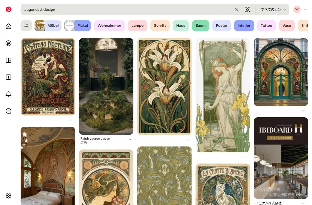PinterestでのJugendstilデザイン検索結果のスクリーンショット