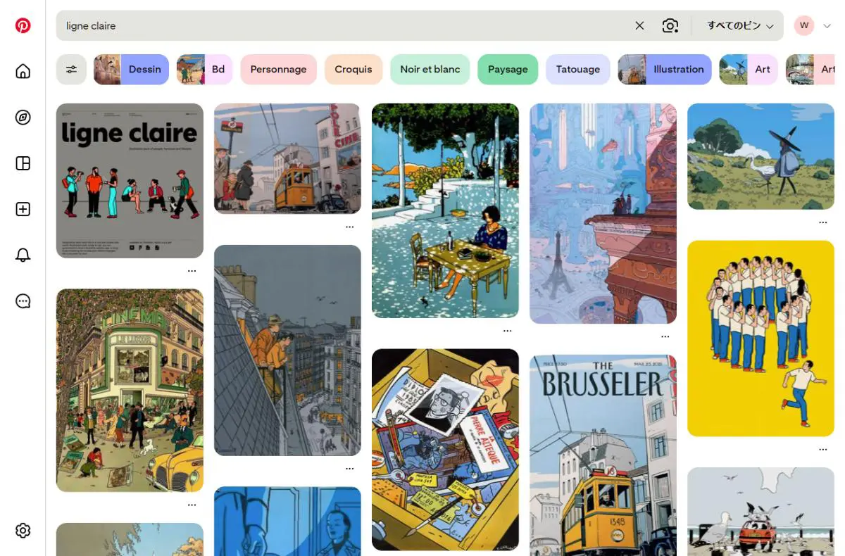 Pinterestでのligne claire designデザイン検索結果のスクリーンショット
