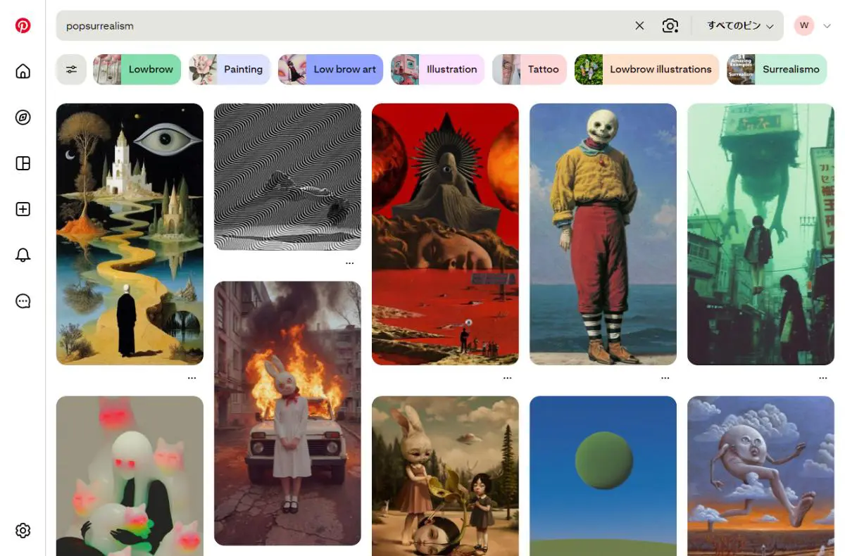 PinterestでのPop Surrealismデザイン検索結果のスクリーンショット