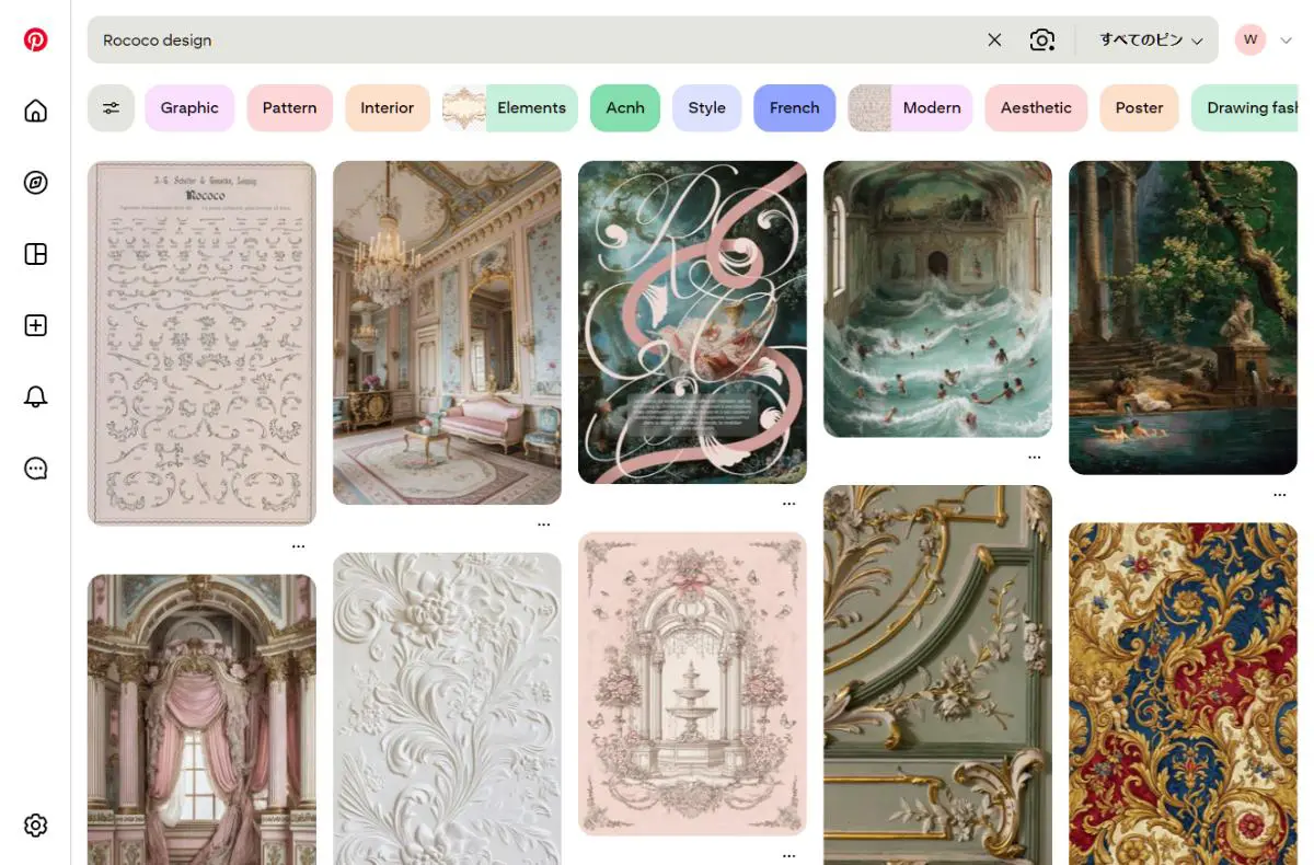 PinterestでのRococoデザイン検索結果のスクリーンショット