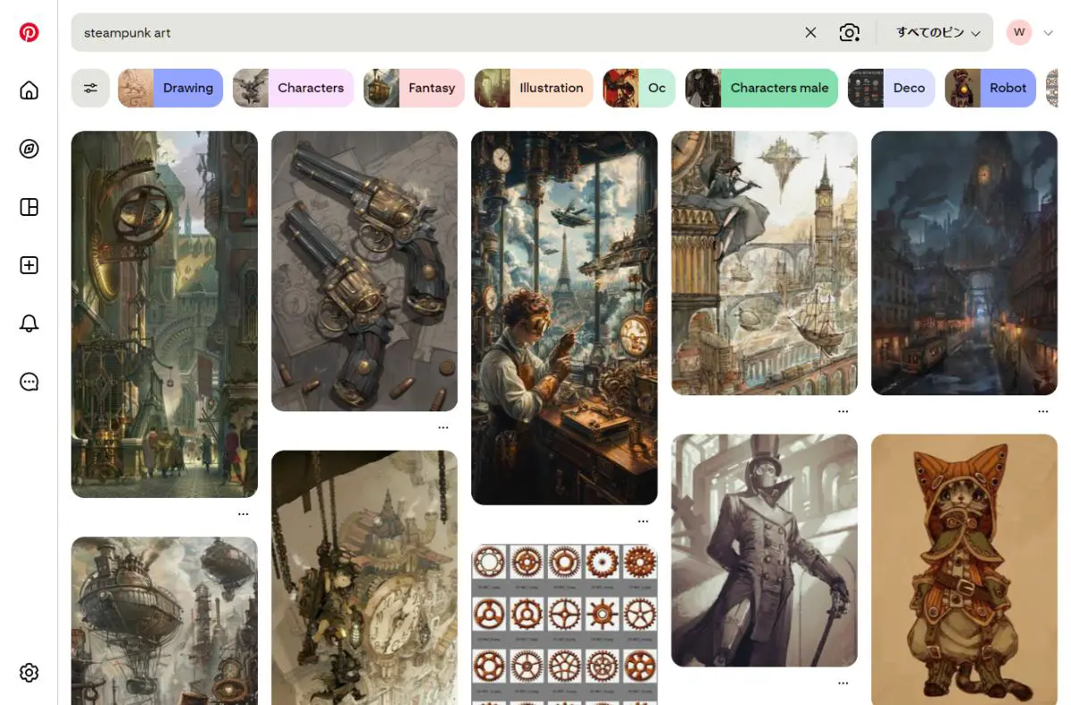 PinterestでのSteampunkデザイン検索結果のスクリーンショット