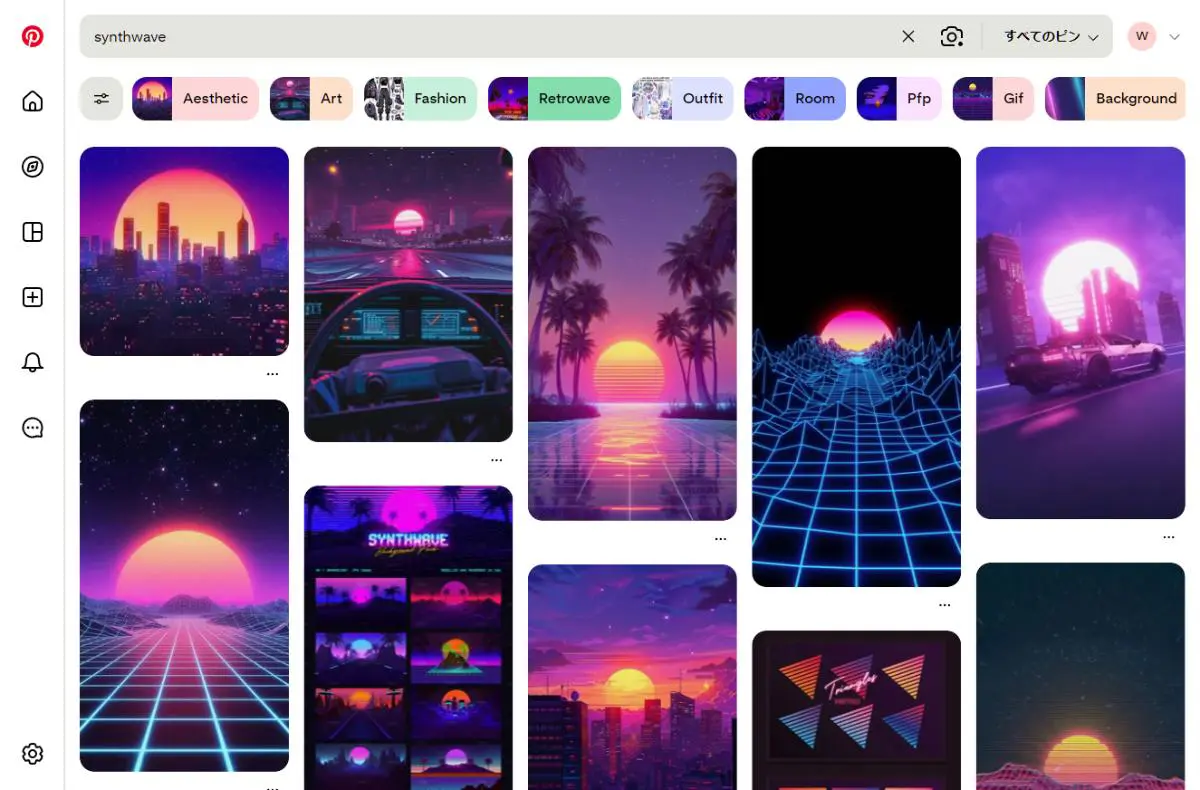PinterestでのSynthwaveデザイン検索結果のスクリーンショット